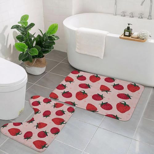 EYLOZS Badezimmerteppich Set 2 Teilig Waschbar rutschfeste Badematte Toilettenmatte Weich Saugfähige Badteppiche,Rosa Erdbeer-Vektor-nahtloses Muster. Rote Sommerblumenstruktur. Zeichnung von Frühlin von EYLOZS