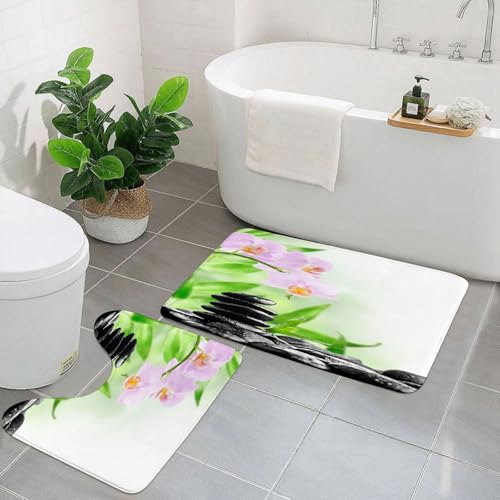 EYLOZS Badezimmerteppich Set 2 Teilig Waschbar rutschfeste Badematte Toilettenmatte Weich Saugfähige Badteppiche,Spa, Zen-Basaltsteine und Orchideen mit Tautropfen Friedliche Naturtherapie-Massage De von EYLOZS