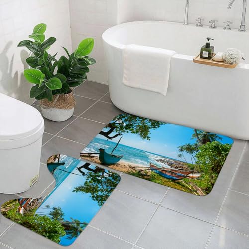 EYLOZS Badezimmerteppich Set 2 Teilig Waschbar rutschfeste Badematte Toilettenmatte Weich Saugfähige Badteppiche,Strandlandschaft, Tropische Meereslandschaften mit Palmen und Booten EYLOZS Badezimmerteppich Set 2 Teilig Waschbar rutschfeste Badematte Toilettenmatte Weich Saugfähige Badteppiche,Strandlandschaft, Tropische Meereslandschaften mit Palmen und Booten von EYLOZS