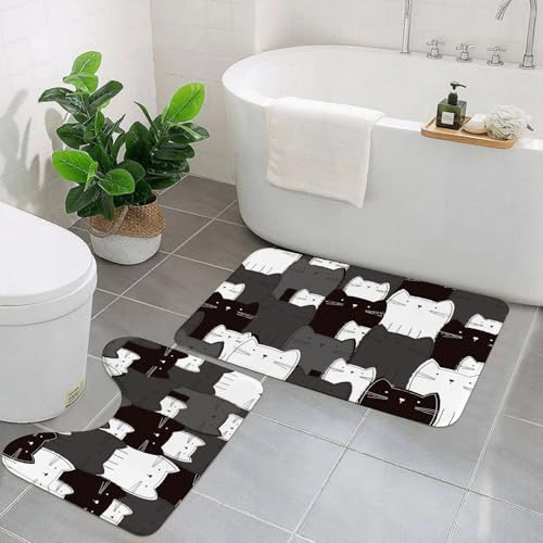 EYLOZS Badezimmerteppich Set 2 Teilig Waschbar rutschfeste Badematte Toilettenmatte Weich Saugfähige Badteppiche,süßes schwarz-weißes Katzenmuster von EYLOZS