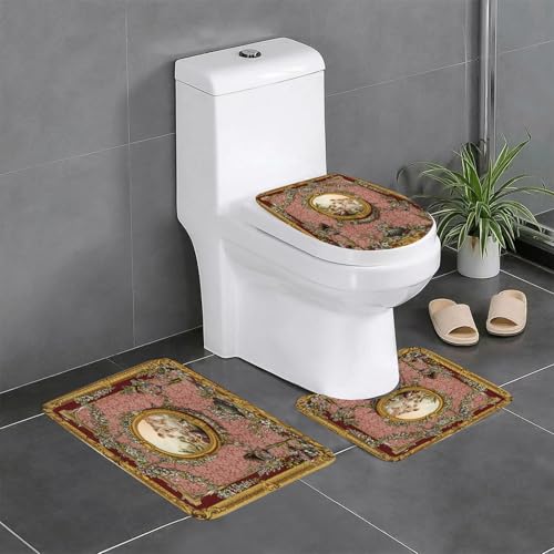 EYLOZS Badezimmerteppich Set 3 Teilig Waschbar rutschfeste Badematte Toilettenmatte Weich Saugfähige Badteppiche,3-D-Deckengemälde im Barockstil, Haupthalle, goldene Ornamente und Rahmen, Engel, weiß von EYLOZS