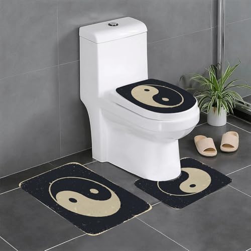 EYLOZS Badezimmerteppich Set 3 Teilig Waschbar rutschfeste Badematte Toilettenmatte Weich Saugfähige Badteppiche,Ansicht eines Yin- und Yang-Symbols auf grauem Hgrund. von EYLOZS