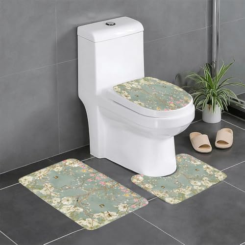 EYLOZS Badezimmerteppich Set 3 Teilig Waschbar rutschfeste Badematte Toilettenmatte Weich Saugfähige Badteppiche,Design mit Zweigen im englischen Landhausstil sowie Blumen und Vögeln von EYLOZS