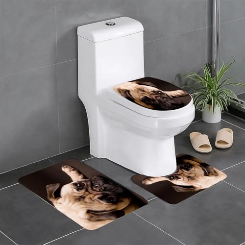 EYLOZS Badezimmerteppich Set 3 Teilig Waschbar rutschfeste Badematte Toilettenmatte Weich Saugfähige Badteppiche,EIN süßer Mops mit traurigem, flachem Gesicht von EYLOZS