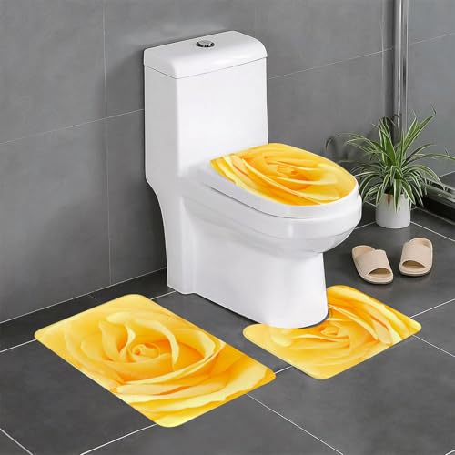 EYLOZS Badezimmerteppich Set 3 Teilig Waschbar rutschfeste Badematte Toilettenmatte Weich Saugfähige Badteppiche,Eine wunderschön blühende gelbe Rose von EYLOZS