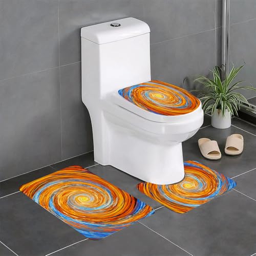 EYLOZS Badezimmerteppich Set 3 Teilig Waschbar rutschfeste Badematte Toilettenmatte Weich Saugfähige Badteppiche,Fraktale, Hippie-Stil-Wirbel-Spirale, rotierend, bunt, chaotisch, ungewöhnlich, Turni von EYLOZS