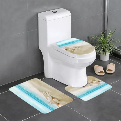 EYLOZS Badezimmerteppich Set 3 Teilig Waschbar rutschfeste Badematte Toilettenmatte Weich Saugfähige Badteppiche,Ozean, Meer, Seestern, Meereslandschaft, Bild, Strand, Weiß von EYLOZS