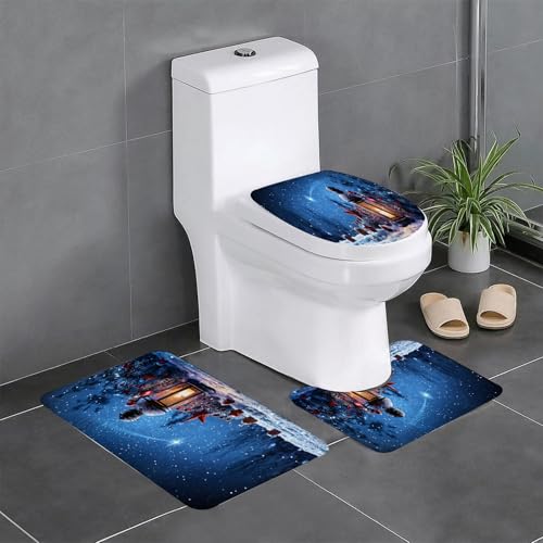EYLOZS Badezimmerteppich Set 3 Teilig Waschbar rutschfeste Badematte Toilettenmatte Weich Saugfähige Badteppiche,Weihnachtslampe und Sternschnuppe-Hgrund von EYLOZS