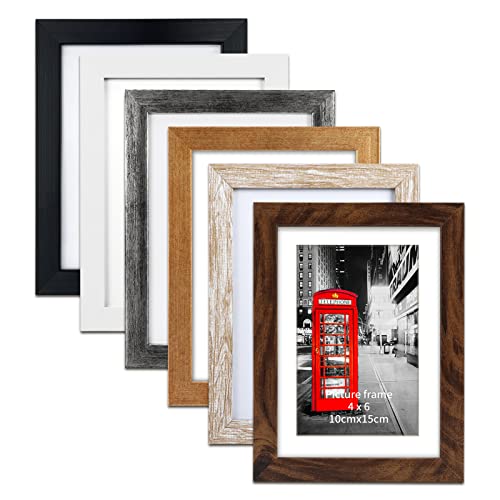 EYMPEU Bilderrahmen 10x15 CM 6er-Set, geeignet für 10x15 Bilder mit Passepartout oder 13x18 ohne Passepartout, für Wand und Tisch, Holzmasserung in verschiedenen Farben von EYMPEU