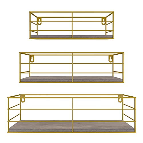 EYMPEU Wandregal 3er Set, Wandregal Holz mit Gold Metall, geeignet für Küchen Bäder Wohnräume Büro von EYMPEU