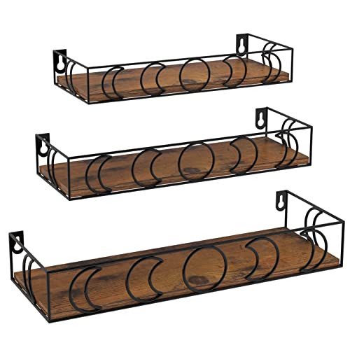 EYMPEU Wandregal 3er-Set schwebende Holzregale mit Mondphasen-Metalldekor, ideal für Küche, Bad, Büro und Wohnräume, praktische Aufbewahrung und stilvolle Dekoration, Schwarz von EYMPEU