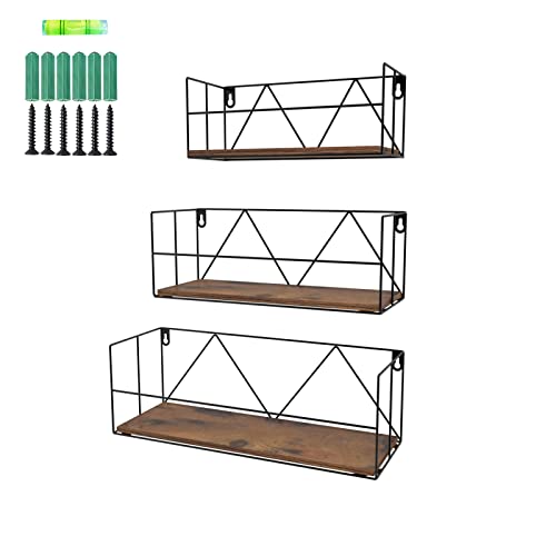 EYMPEU Wandregal im 3er-Set Schweberegale Modernes Regalbrett Wandmontierte Regale Rustikale Aufbewahrungsregale mit Metalldraht Gestelle Anzeigen Wohnkultur für Badezimmer von EYMPEU