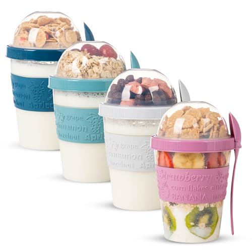 EYNEL Müsli-Joghurtbecher mit Deckel und Löffel, Haferbehälter über Nacht, wiederverwendbar, Parfait-Kunststoff, Milchglas, Frühstück, Crunch, Snack (Set mit 4 Farben) von EYNEL