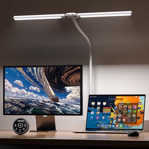 EYOCEAN Schreibtischlampe, Doppelkopf Schreibtischlampe Klemmbar, 16W 72cm Tageslichtlampe Schreibtisch mit Fernbedienung, Dimmbare Monitor Lampe, Schwanenhals Büro Tischlampe, Augenschutz Klemmlampe von EYOCEAN
