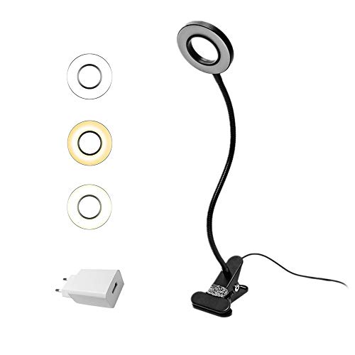 EYOCEAN LED Leselampe, Schwanenhals Klemmlampe, Augenpflege Klemmleuchte, 3 Modi & 10 Dimmstufen, Klemmlicht für Büro Heimgebrauch, CE Adapter Enthalten, 7W, Schwarz von EYOCEAN