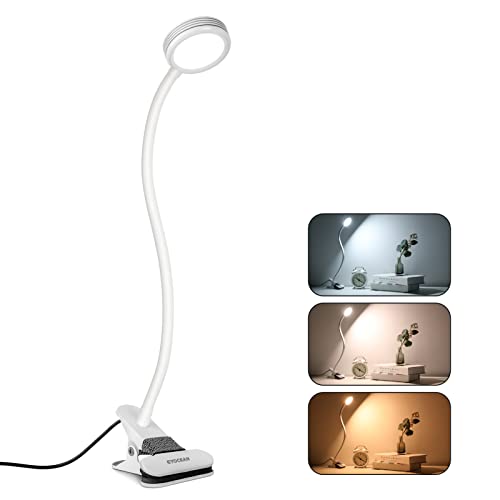 EYOCEAN Leselampe, LED Klemmleuchte, Schwanenhals Lampe, Kinder Nachttischlampe, 3 Farbmodi & 9 Helligkeitsstufen, Augenpflege Schreibtischlampe für Büro Heimgebrauch, Adapter Enthalten, 5W, Weiß von EYOCEAN