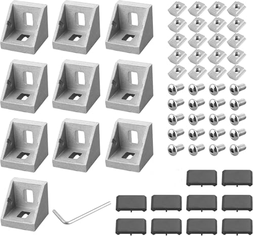 10x EYPINS Befestigungsmaterial Winkel, Aluprofil 20x20 Nut 6 Aluminium Winkelverbinder 90 Grad Raster Eckverbinder inkl. Befestigungssatz & Abdeckkappe für Strebenprofil, 3D-Drucker, CNC-Router von EYPINS