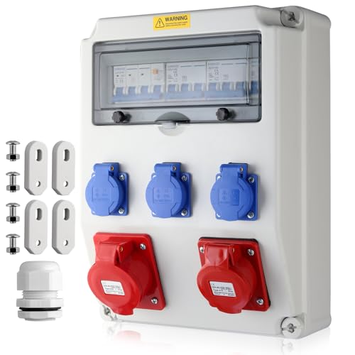 EYPINS Baustromverteiler mit LS+FI, Wandverteiler 3x 230V Schuko-Steckdosen, 2x CEE-Steckdosen 16A/32A Stromverteiler IP66 Wasserdicht, flammhemmende ABS Verteiler für Innen/Außen Werkstätten Fabriken von EYPINS