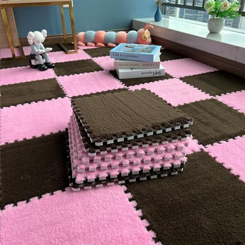 EYRMQWJPC Plüsch-Teppichfliesen mit Verriegelung Interlocking Plush Eva Foam Floor Mat Puzzle Rug 30x30x1cm Multiple Pack Sizes Multicolor(Brown and Pink,10Pcs) von EYRMQWJPC