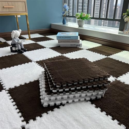 EYRMQWJPC Plüsch-Teppichfliesen mit Verriegelung Interlocking Plush Eva Foam Floor Mat Puzzle Rug 30x30x1cm Multiple Pack Sizes Multicolor(Brown and White,30Pcs) von EYRMQWJPC