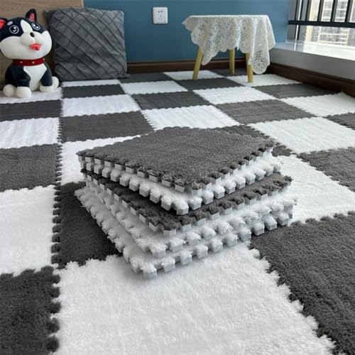 EYRMQWJPC Plüsch-Teppichfliesen mit Verriegelung Interlocking Plush Eva Foam Floor Mat Puzzle Rug 30x30x1cm Multiple Pack Sizes Multicolor(Grey and White,10Pcs) von EYRMQWJPC
