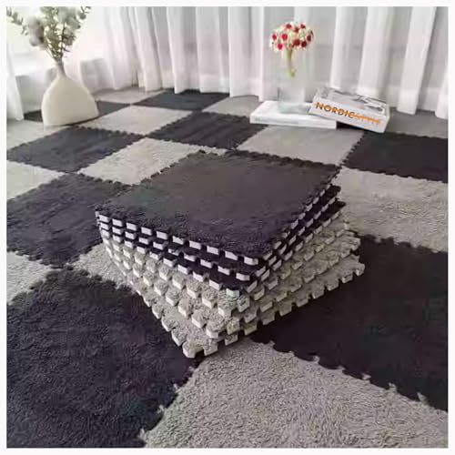 EYRMQWJPC Plüsch-Teppichfliesen mit Verriegelung Pack of 12 Foam Carpet Tiles Multicolor(Black+Gray) von EYRMQWJPC