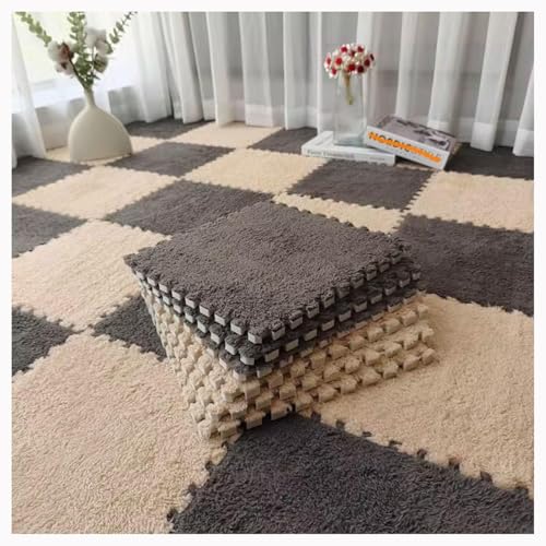 EYRMQWJPC Plüsch-Teppichfliesen mit Verriegelung Pack of 12 Foam Carpet Tiles Multicolor(Light Brown+Gray) von EYRMQWJPC