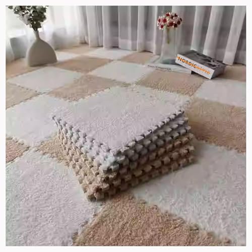 EYRMQWJPC Plüsch-Teppichfliesen mit Verriegelung Pack of 12 Foam Carpet Tiles Multicolor(Light Brown+White) von EYRMQWJPC