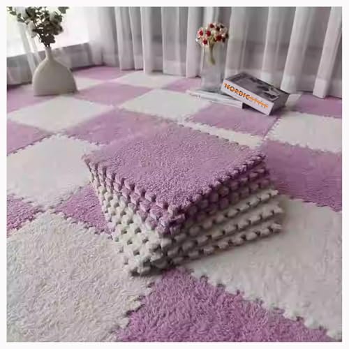 EYRMQWJPC Plüsch-Teppichfliesen mit Verriegelung Pack of 12 Foam Carpet Tiles Multicolor(Light Purple+White) von EYRMQWJPC