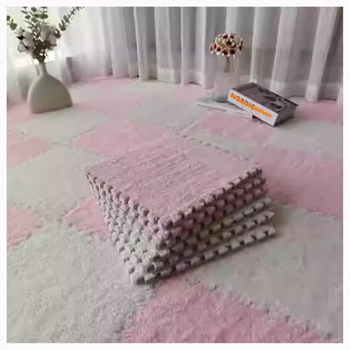 EYRMQWJPC Plüsch-Teppichfliesen mit Verriegelung Pack of 12 Foam Carpet Tiles Multicolor(Pink+White) von EYRMQWJPC