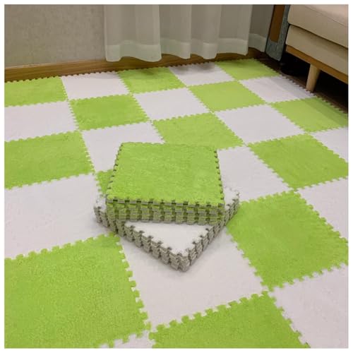 EYRMQWJPC Plüsch-Teppichfliesen mit Verriegelung Pack of 12 Plush Foam Puzzle Interlocking Carpet Tiles Multicolor 60x60x1cm(1green+White) von EYRMQWJPC