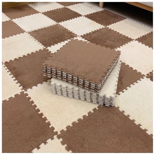 EYRMQWJPC Plüsch-Teppichfliesen mit Verriegelung Pack of 12 Plush Foam Puzzle Interlocking Carpet Tiles Multicolor 60x60x1cm(Apricot+Light Brown) von EYRMQWJPC