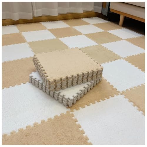 EYRMQWJPC Plüsch-Teppichfliesen mit Verriegelung Pack of 12 Plush Foam Puzzle Interlocking Carpet Tiles Multicolor 60x60x1cm(Apricot+White) von EYRMQWJPC