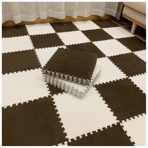 EYRMQWJPC Plüsch-Teppichfliesen mit Verriegelung Pack of 12 Plush Foam Puzzle Interlocking Carpet Tiles Multicolor 60x60x1cm(Brown+White) von EYRMQWJPC