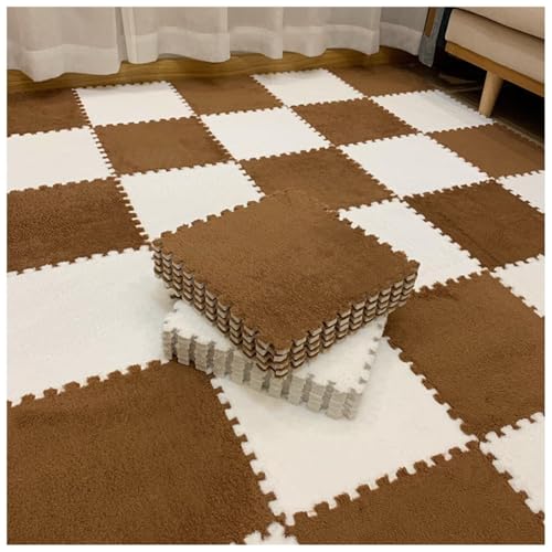 EYRMQWJPC Plüsch-Teppichfliesen mit Verriegelung Pack of 12 Plush Foam Puzzle Interlocking Carpet Tiles Multicolor 60x60x1cm(Brown+white1) von EYRMQWJPC