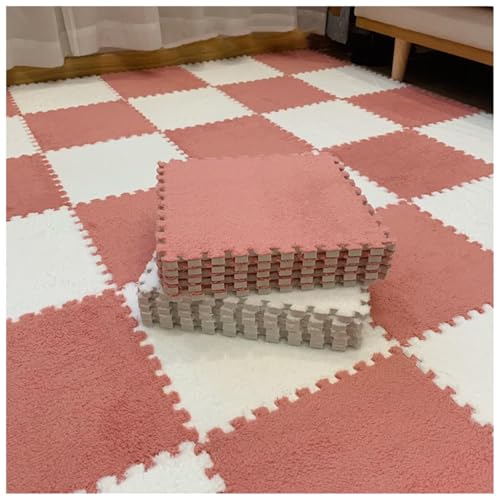 EYRMQWJPC Plüsch-Teppichfliesen mit Verriegelung Pack of 12 Plush Foam Puzzle Interlocking Carpet Tiles Multicolor 60x60x1cm(Dark Pink+White) von EYRMQWJPC
