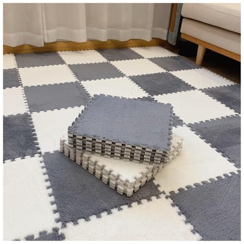 EYRMQWJPC Plüsch-Teppichfliesen mit Verriegelung Pack of 12 Plush Foam Puzzle Interlocking Carpet Tiles Multicolor 60x60x1cm(Gray+White) von EYRMQWJPC