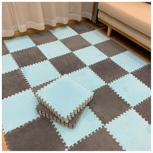 EYRMQWJPC Plüsch-Teppichfliesen mit Verriegelung Pack of 12 Plush Foam Puzzle Interlocking Carpet Tiles Multicolor 60x60x1cm(Light Blue+Light Gray) von EYRMQWJPC