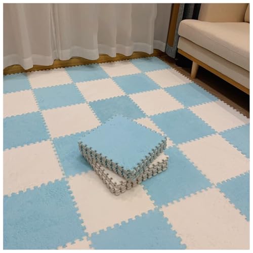EYRMQWJPC Plüsch-Teppichfliesen mit Verriegelung Pack of 12 Plush Foam Puzzle Interlocking Carpet Tiles Multicolor 60x60x1cm(Light Blue+White) von EYRMQWJPC