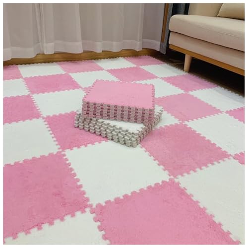 EYRMQWJPC Plüsch-Teppichfliesen mit Verriegelung Pack of 12 Plush Foam Puzzle Interlocking Carpet Tiles Multicolor 60x60x1cm(Pink+White) von EYRMQWJPC