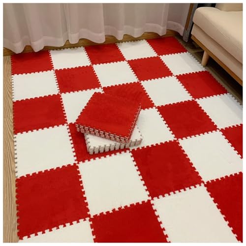 EYRMQWJPC Plüsch-Teppichfliesen mit Verriegelung Pack of 12 Plush Foam Puzzle Interlocking Carpet Tiles Multicolor 60x60x1cm(Red+White) von EYRMQWJPC