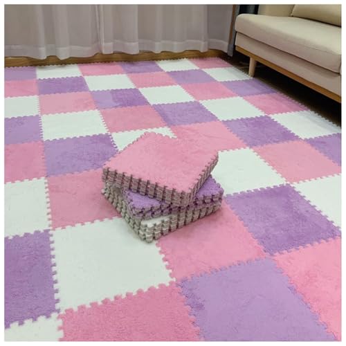 EYRMQWJPC Plüsch-Teppichfliesen mit Verriegelung Pack of 12 Plush Foam Puzzle Interlocking Carpet Tiles Multicolor 60x60x1cm(White+pink+Purple) von EYRMQWJPC