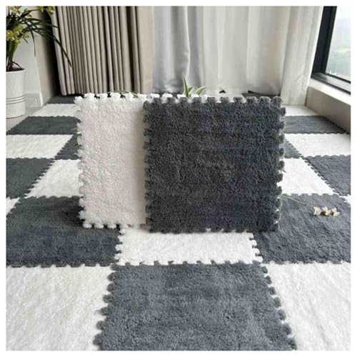 EYRMQWJPC Plüsch-Teppichfliesen mit Verriegelung Pack of 20 Interlocking Foam Carpet Tiles Play Mat Area Rug with Edgings Multicolor Multiple Sizes(White+Gray,12x12inch) von EYRMQWJPC