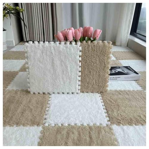 EYRMQWJPC Plüsch-Teppichfliesen mit Verriegelung Pack of 20 Interlocking Foam Carpet Tiles Play Mat Area Rug with Edgings Multicolor Multiple Sizes(White+apricot,24x24inch) von EYRMQWJPC