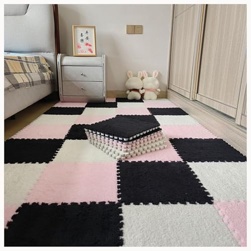 EYRMQWJPC Plüsch-Teppichfliesen mit Verriegelung Pack of 30 12x12 inch Multicolor Plush Interlocking Carpet Tiles(Black+pink+White) von EYRMQWJPC