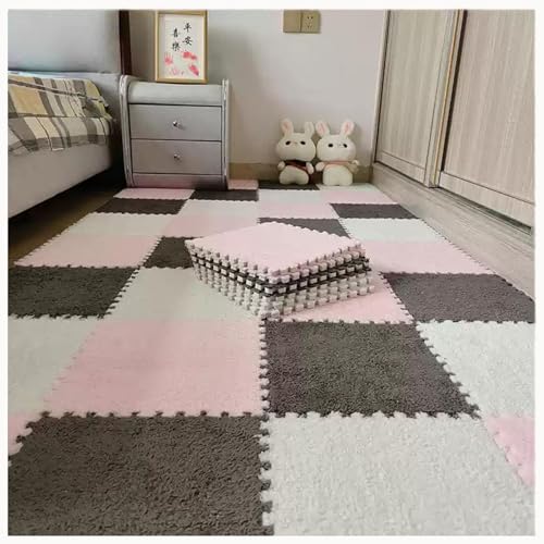 EYRMQWJPC Plüsch-Teppichfliesen mit Verriegelung Pack of 30 12x12 inch Multicolor Plush Interlocking Carpet Tiles(Gray+pink+White) von EYRMQWJPC