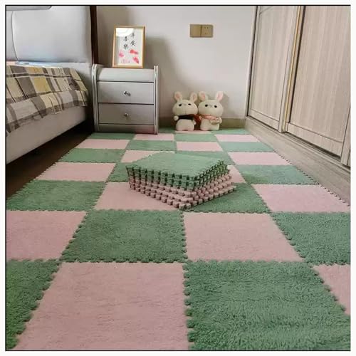 EYRMQWJPC Plüsch-Teppichfliesen mit Verriegelung Pack of 30 12x12 inch Multicolor Plush Interlocking Carpet Tiles(Light Green+pink) von EYRMQWJPC