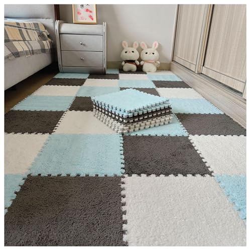 EYRMQWJPC Plüsch-Teppichfliesen mit Verriegelung Pack of 30 12x12 inch Multicolor Plush Interlocking Carpet Tiles(White+Light Blue+Gray) von EYRMQWJPC