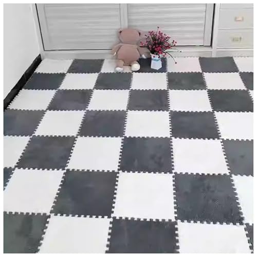 EYRMQWJPC Plüsch-Teppichfliesen mit Verriegelung Pack of 36 12x12x0.4in Plush Carpet Interlocking Foam Puzzle Floor Mat Multicolor(Gray+White) von EYRMQWJPC