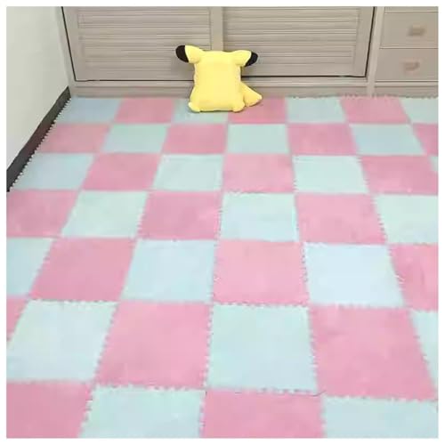 EYRMQWJPC Plüsch-Teppichfliesen mit Verriegelung Pack of 36 12x12x0.4in Plush Carpet Interlocking Foam Puzzle Floor Mat Multicolor(Pink+Blue) von EYRMQWJPC
